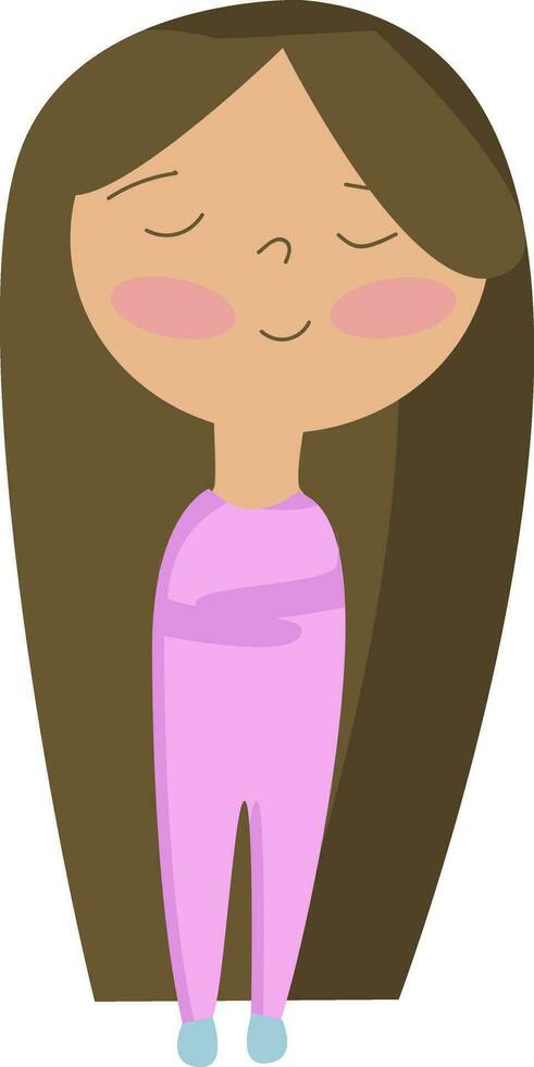 Cute young girl standing with her long hair touching the ground and wearing a pink night-dress vector color drawing or illustration