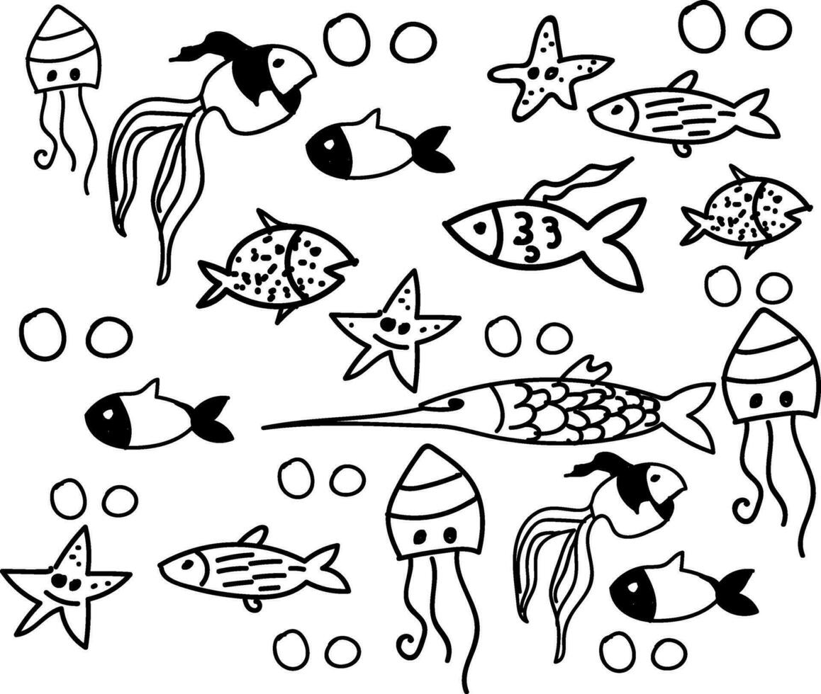 A beautiful black and white doodle art of various marine animals and sea creatures vector color drawing or illustration