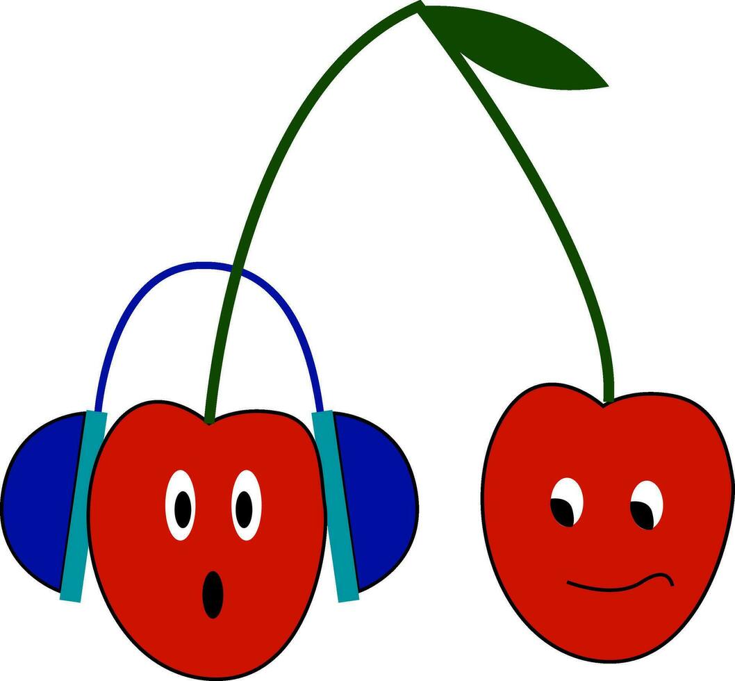 As two cherry fruits hang from a branch the one with headphones is astonished and the other expresses an unpleasant mood of not having a chance to enjoy music vector color drawing or illustration
