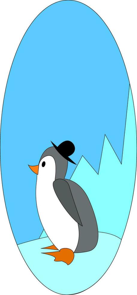 A cute cartoon penguin with a black hat standing on white snow vector color drawing or illustration