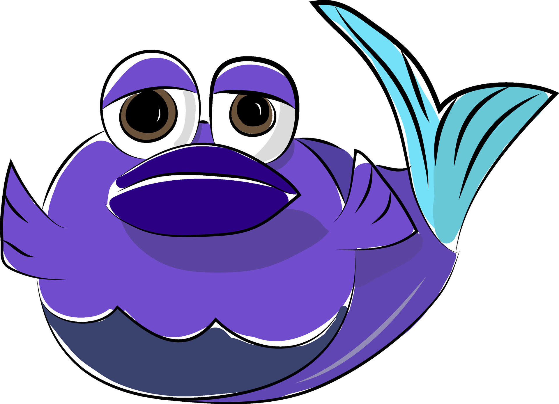 Drawing of a cute blue color fish with big round eyes and flat