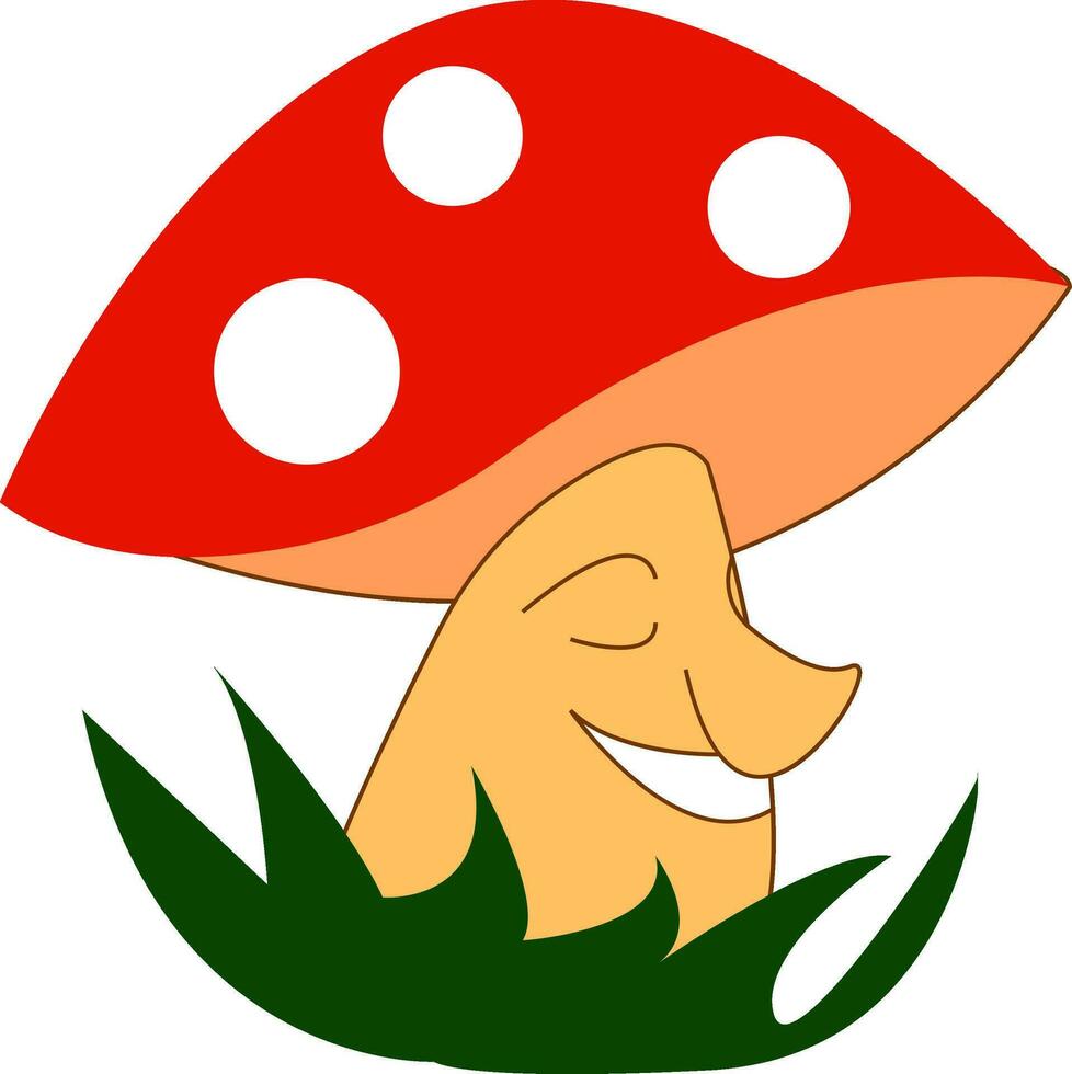 A beautiful mushroom smiling wearing a red and white cap grown above the grassland vector color drawing or illustration