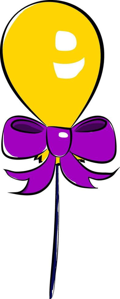 A bright yellow balloon with a purple bow ribbon and a long string vector color drawing or illustration