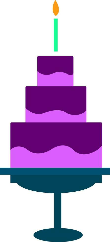 Three-layered birthday cake mounted on a stand with purple fondant and a candle on top of it vector color drawing or illustration