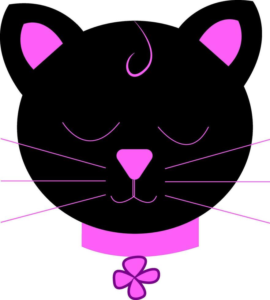 A fluffy black kitten with bright purple neck ribbon bow vector color drawing or illustration