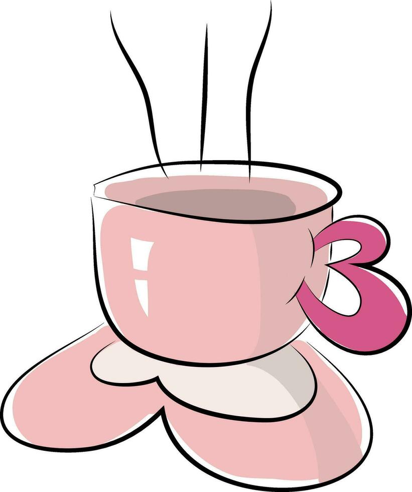 A lovely pink teacup with a white exclamation mark filled with hot tea vector color drawing or illustration