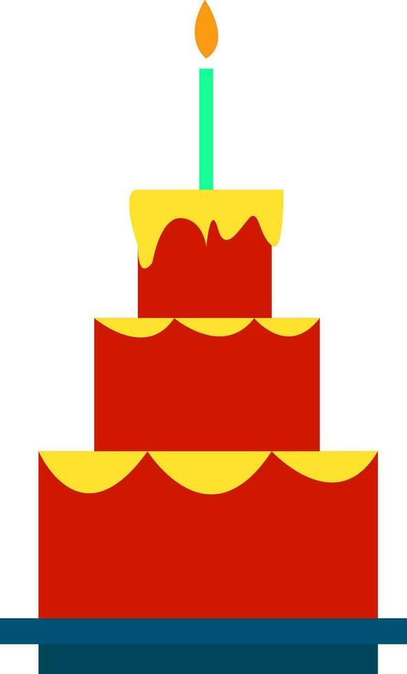 A beautiful three-layered birthday cake with burning candle vector color drawing or illustration