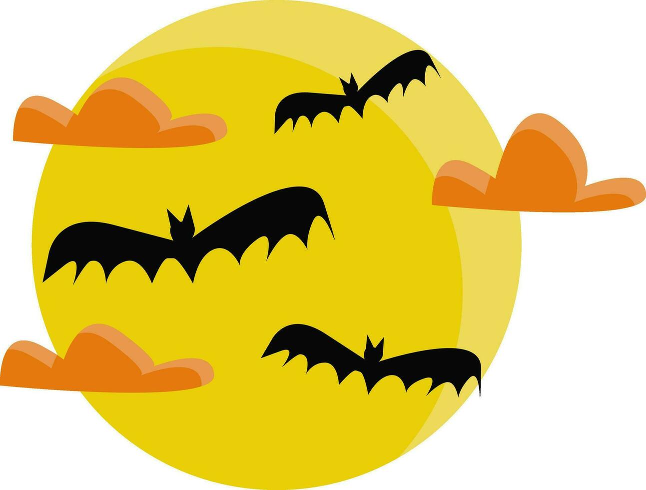 Clipart of full moon with flying bats and clouds for a spooky Halloween decoration vector color drawing or illustration