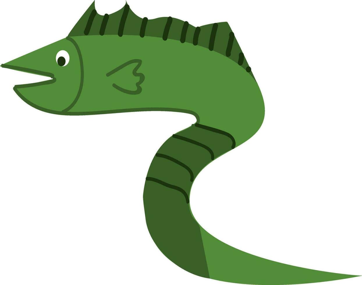 A green fish in the shape of a snake with long tail vector color drawing or illustration