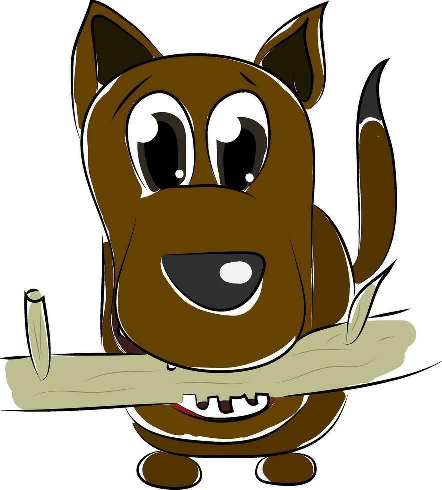 A lively brown dog is holding a tree branch and playing with it vector color drawing or illustration