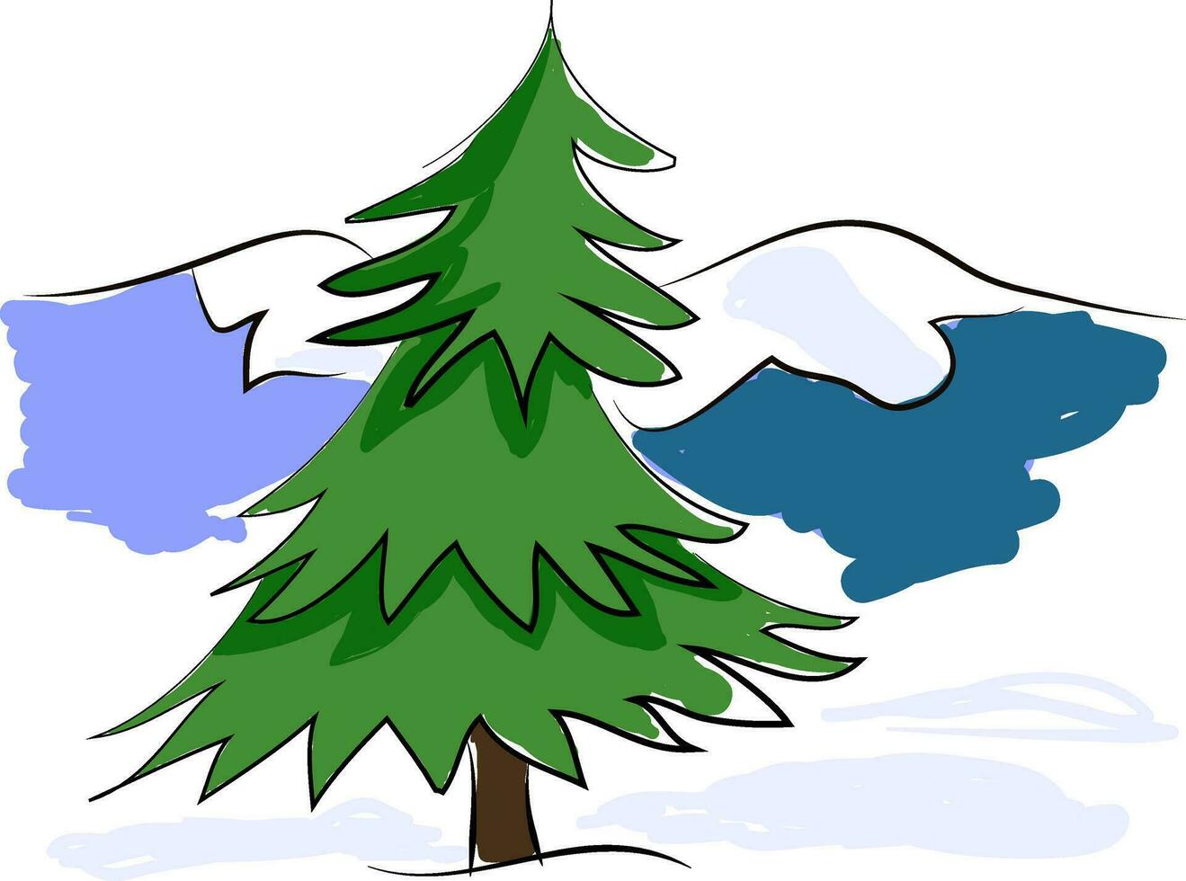 un verde pino árbol con el antecedentes de azul cubierto de nieve montaña vector color dibujo o ilustración