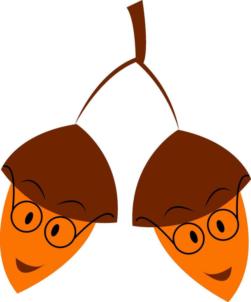 Two acorns wearing round eyeglasses hanging from the branch vector color drawing or illustration