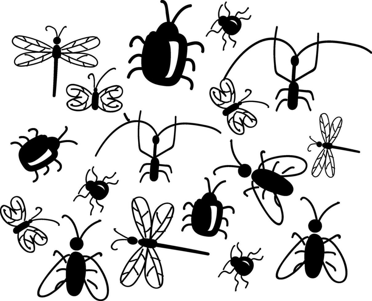 A beautiful black and white doodle art of various insects vector color drawing or illustration
