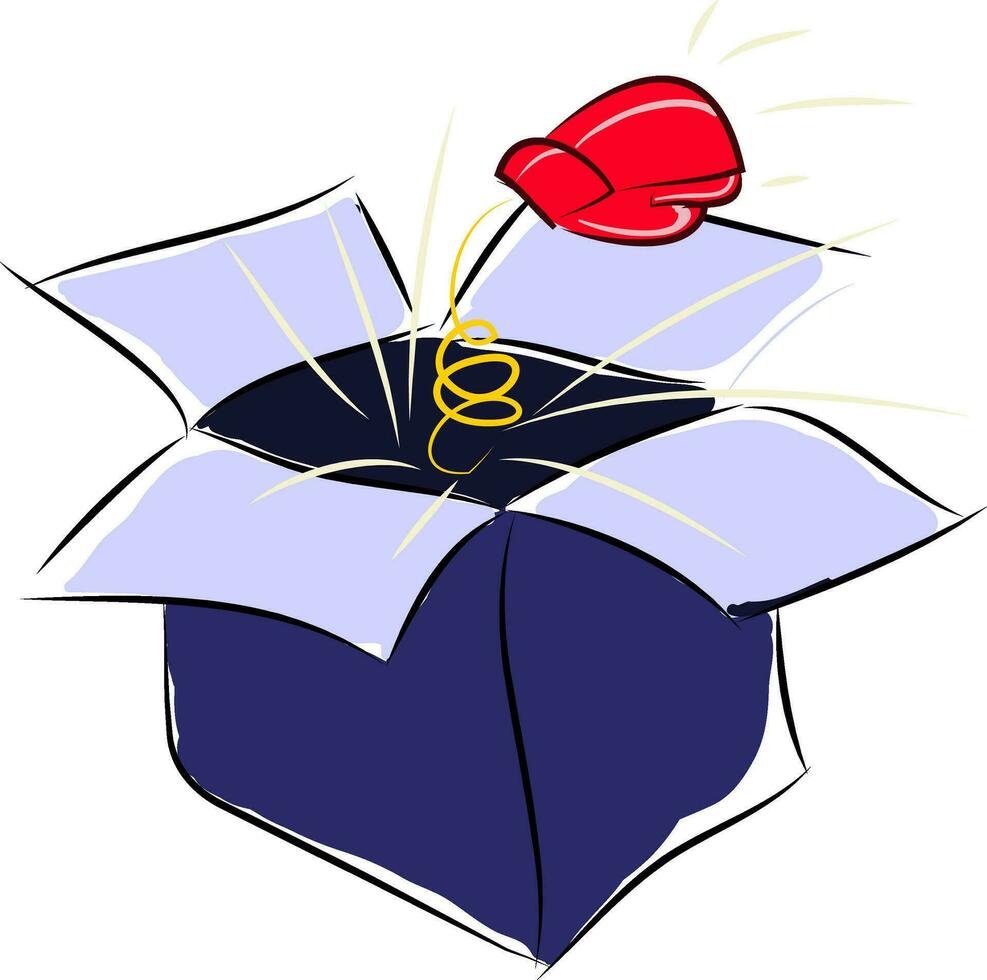 A blue pop-up happy box with red gloves inside is a perfect surprise day vector color drawing or illustration