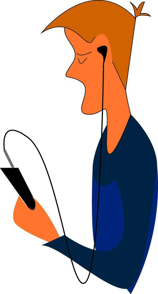 Clipart of a boy with eyes closed wearing a blue sweater and listening to music as he holds his black phone in one hand vector color drawing or illustration