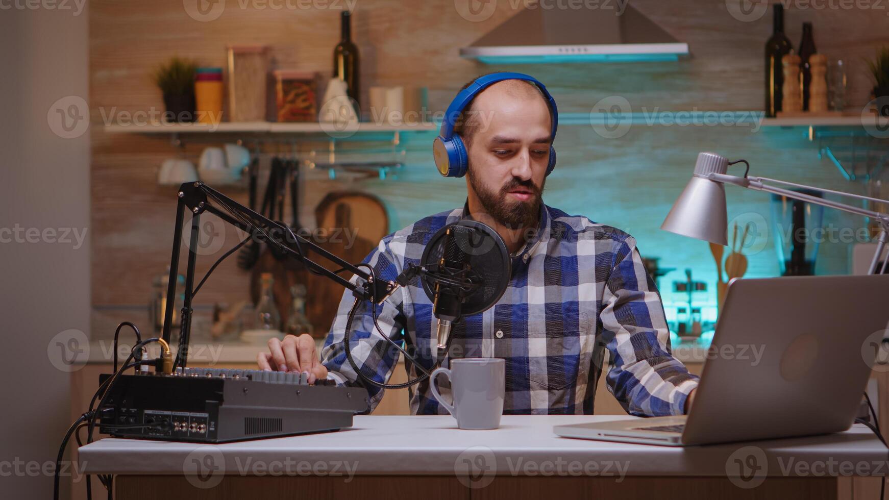 Online show of influencer onair speaking professional microphone. Creative online show Onair production internet broadcast host streaming live content, recording digital social media communication photo
