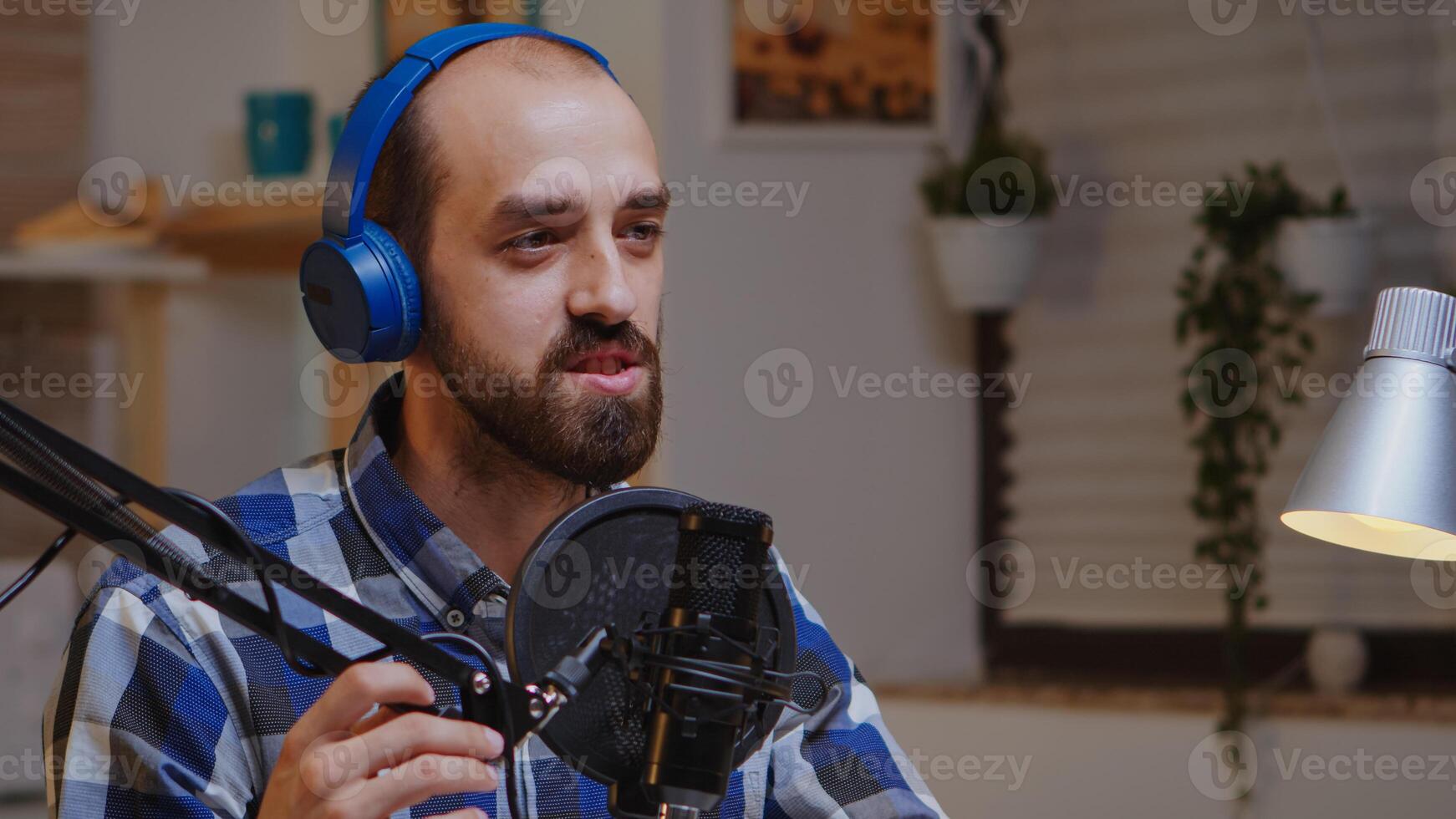 Man speaking about success in his podcast using professional recording technology. Creative online show Onair production internet broadcast host streaming live content, recording digital social media communication photo
