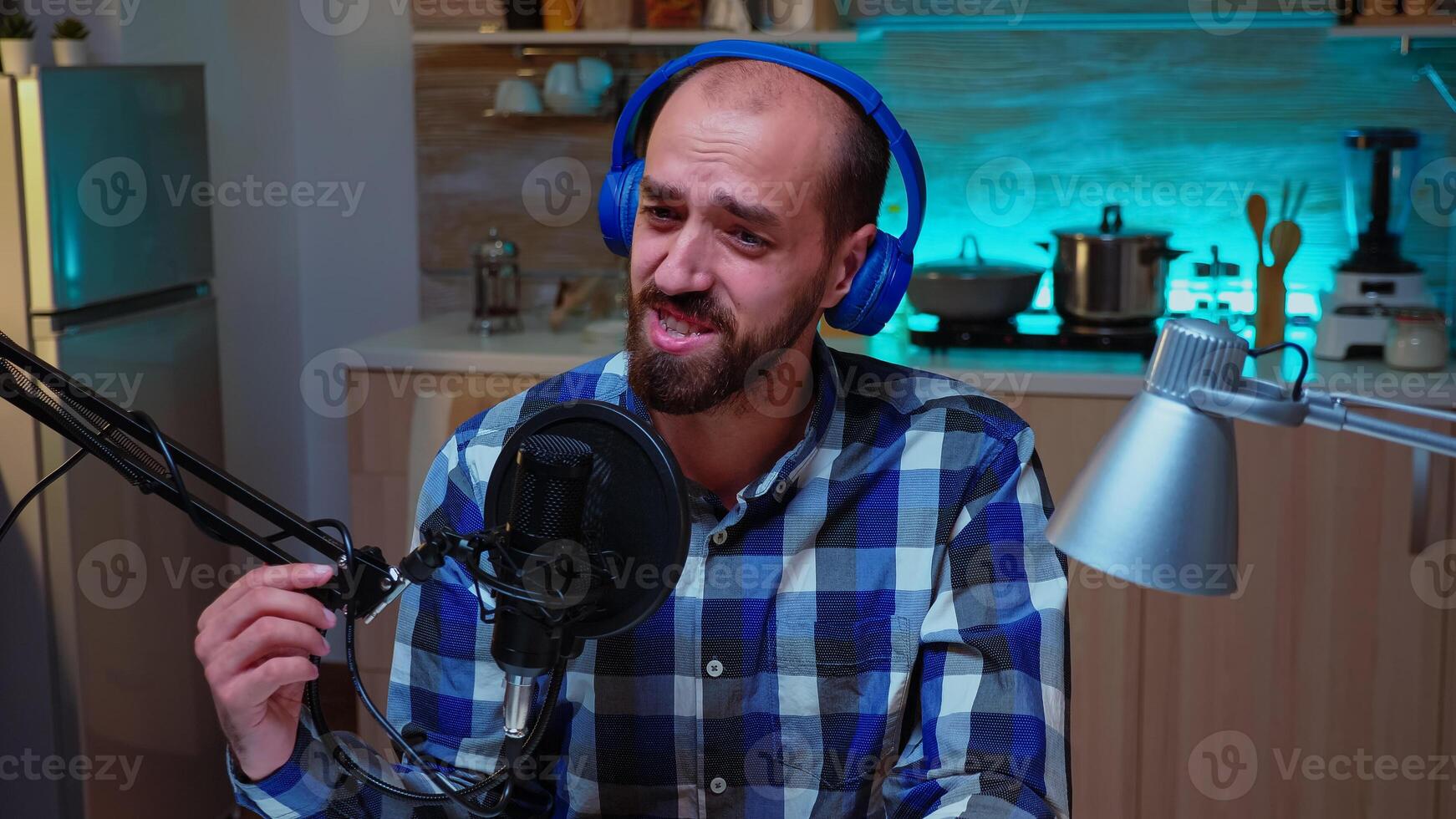 Influencer in home studio recording podcast and talking about motivation. Creative online show Onair production internet broadcast host streaming live content, recording digital social media communication photo