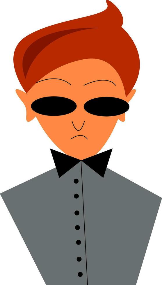 A young boy with stylish hairdo is in his grey costume embedded with buttons and wearing black sunglasses and bow tie vector color drawing or illustration