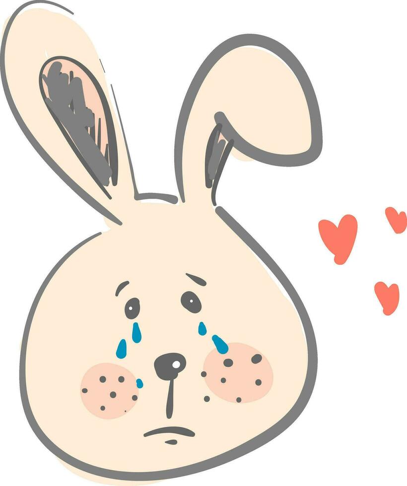 The face of a hare shedding tears against red heart design background vector color drawing or illustration