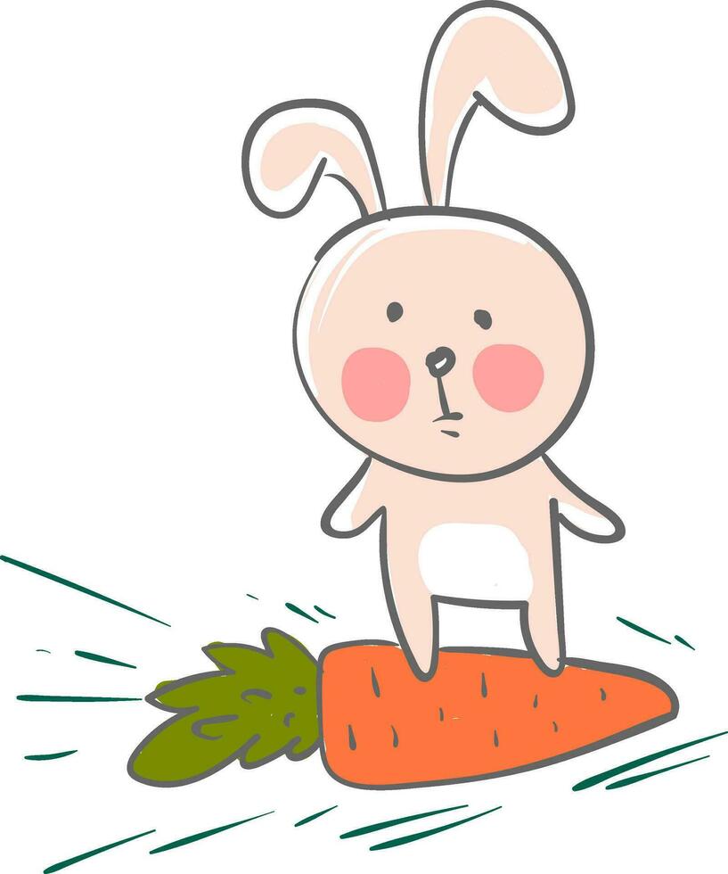 A pink big eared cartoon hare riding on its favorite carrot vector color drawing or illustration