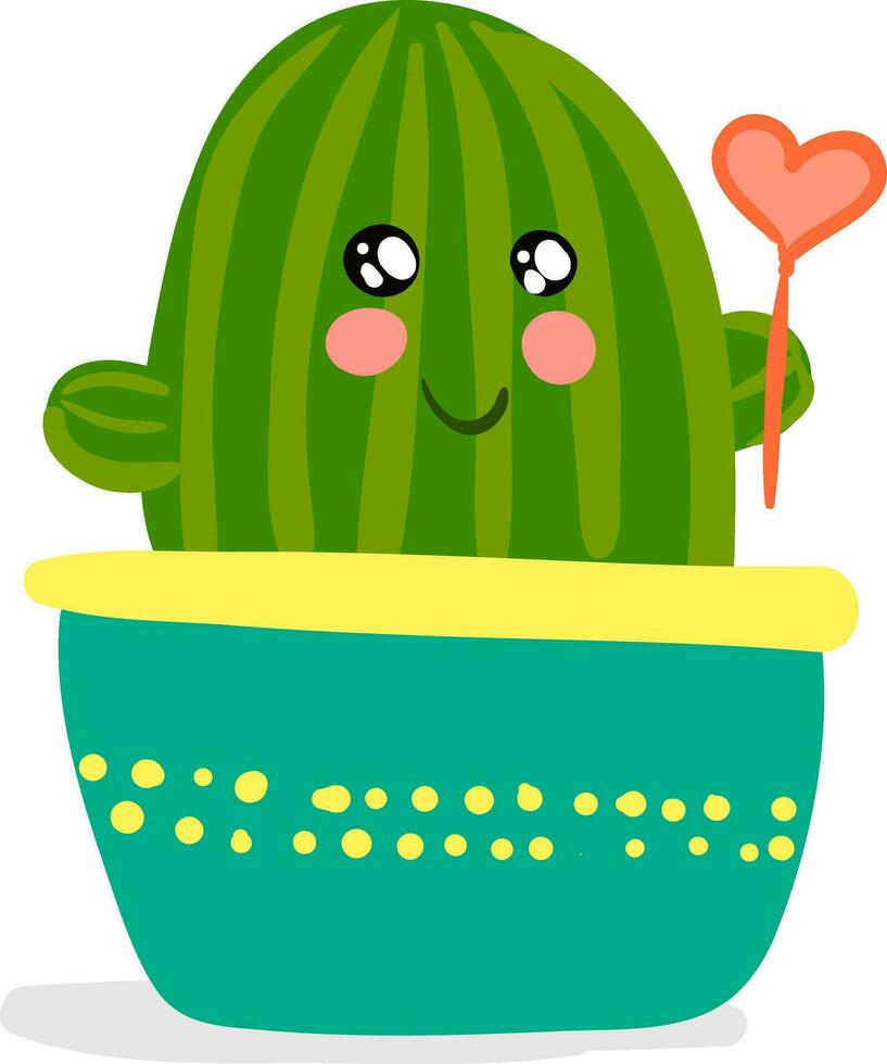 A decoration piece of cactus plant pot with a heart shape balloon in hand provides extra style to the space occupied vector color drawing or illustration
