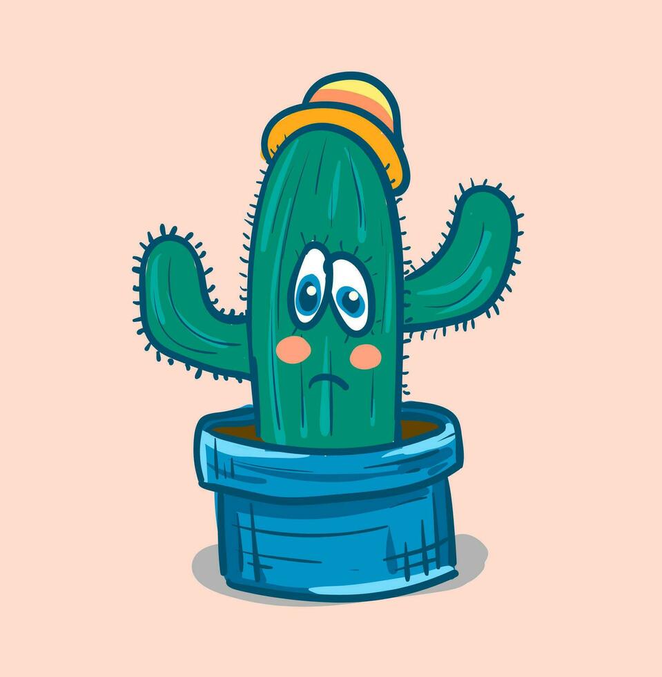 A cactus plant emoji with confused expression is wearing a yellow hat vector color drawing or illustration