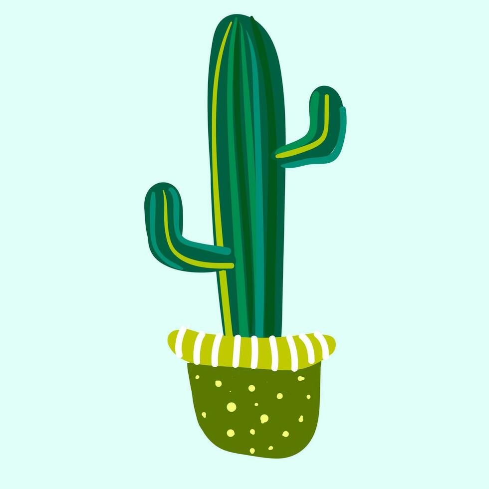 Tall saguaro cactus plant in a green flower pot vector color drawing or illustration