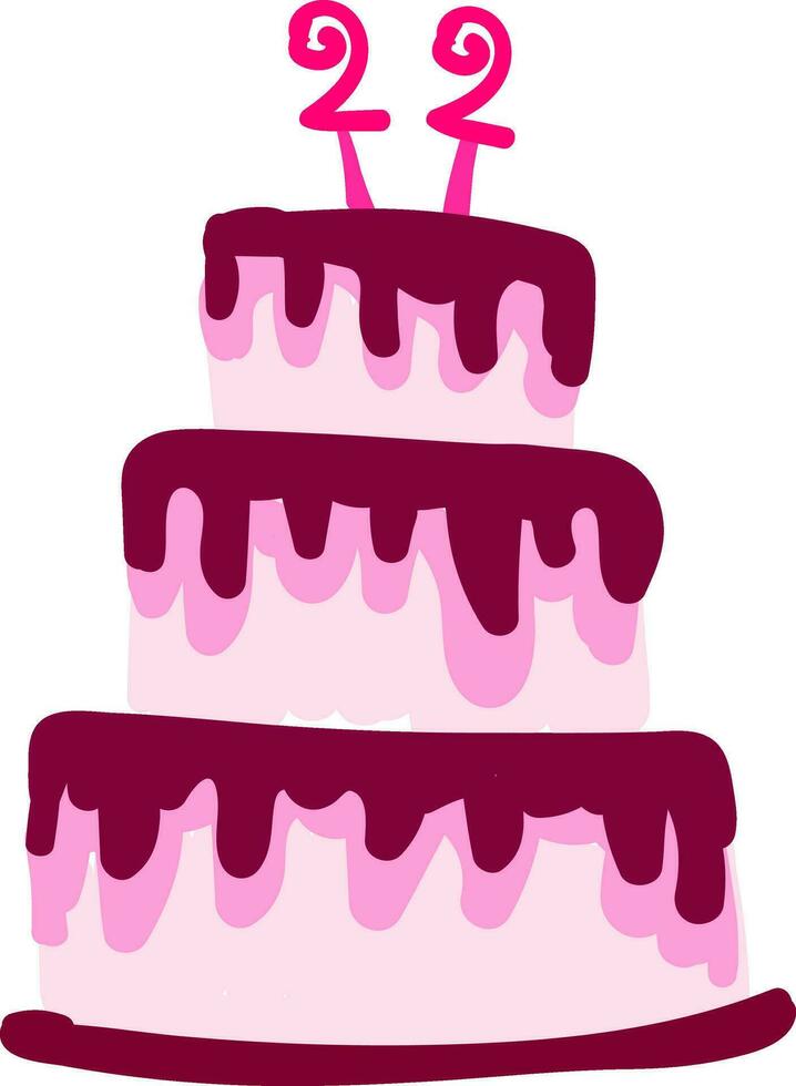 A pink three-layered birthday cake with age 22 for celebration vector color drawing or illustration