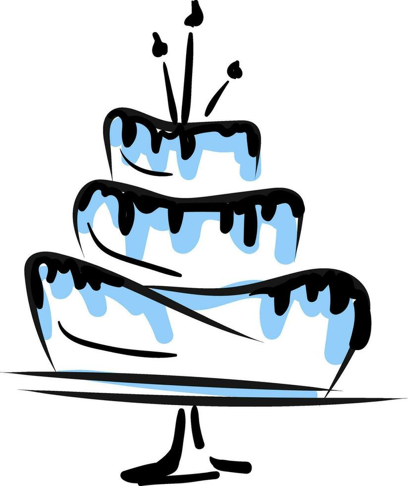 Painting of a colorful decorated cake mounted on a stand with three candles vector color drawing or illustration