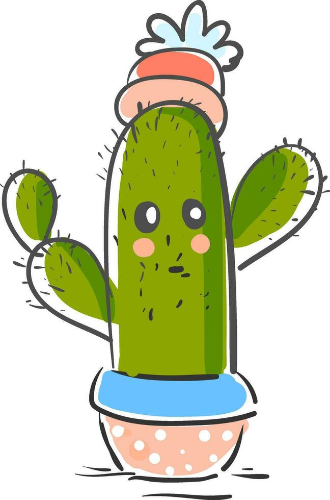 A green cactus plant emoji with a flower at its top provides extra style to the ambience vector color drawing or illustration