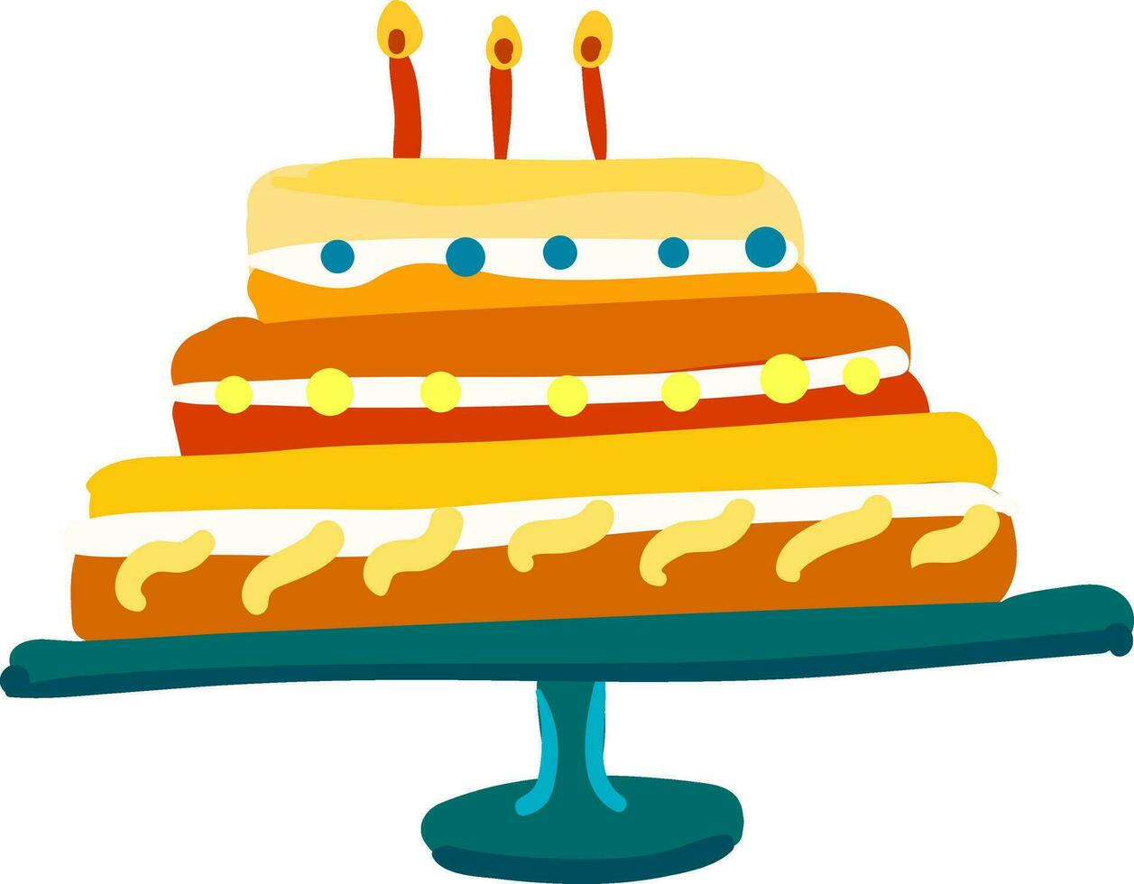 A colorful decorated cake mounted on a stand with three glowing candles vector color drawing or illustration