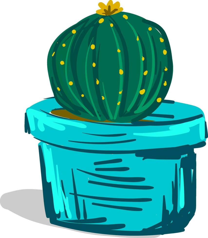 Painting of round shape cactus plant with a yellow flower at its top planted in a blue pot vector color drawing or illustration