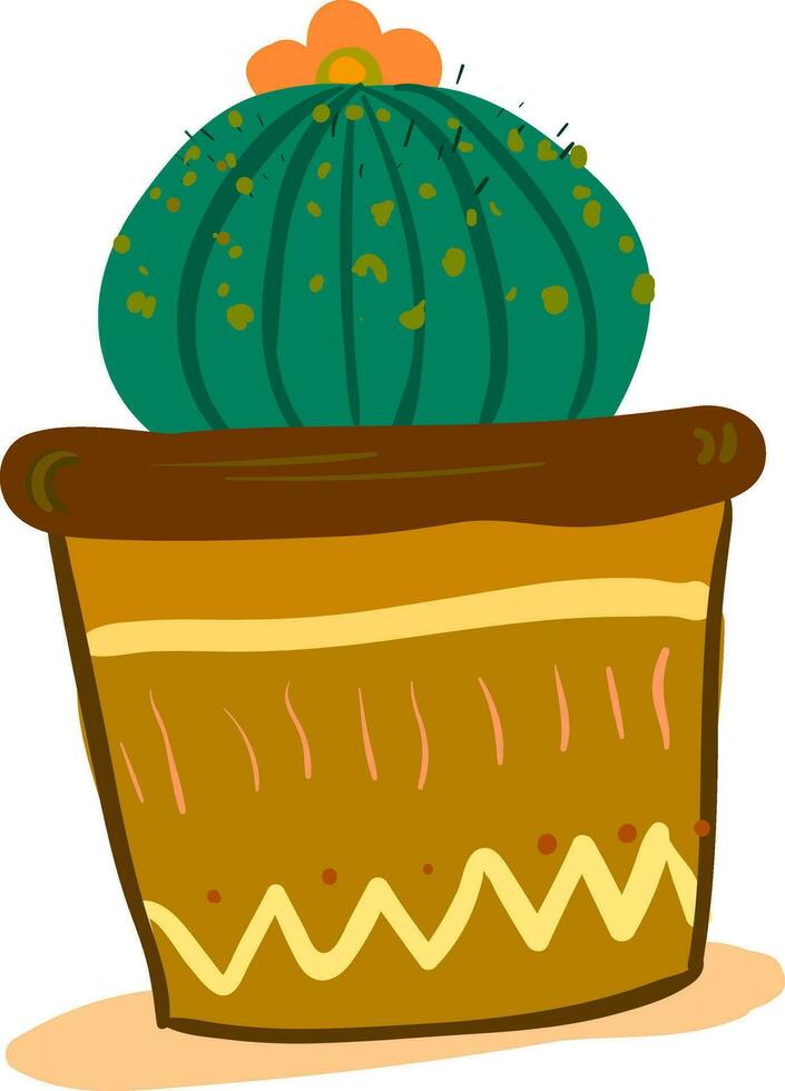 A round shape cactus house plant with an orange flower at its top in a painted earthen pot provides extra style to the space occupied vector color drawing or illustration