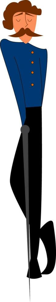 A tall and skinny gentleman dressed in blue black uniform and holding a sword and stands with his crossed legs vector color drawing or illustration