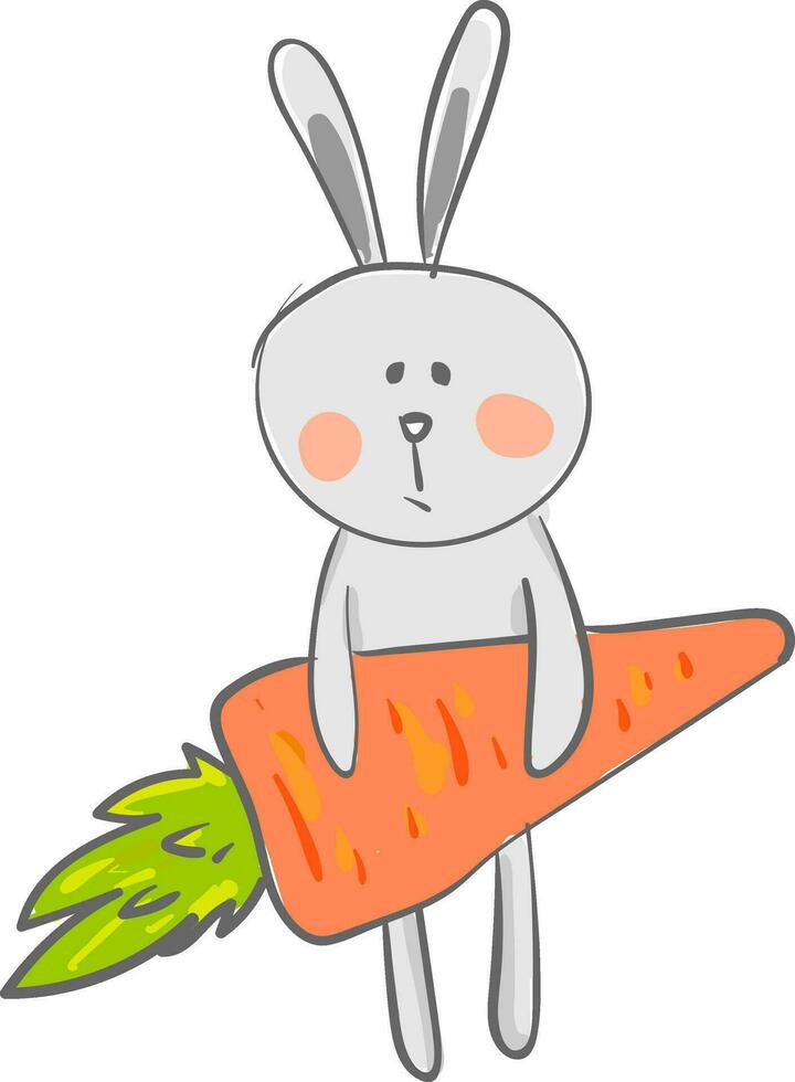 A big eared cartoon hare in a very depressed mood as he holds a fresh orange carrot vector color drawing or illustration