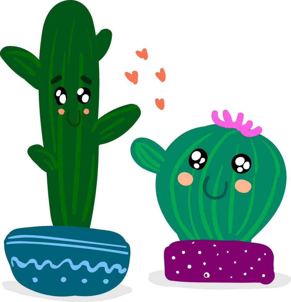 Two cactus plants emoji expressing happy moods appear in a red heart shape background symbolizes love vector color drawing or illustration