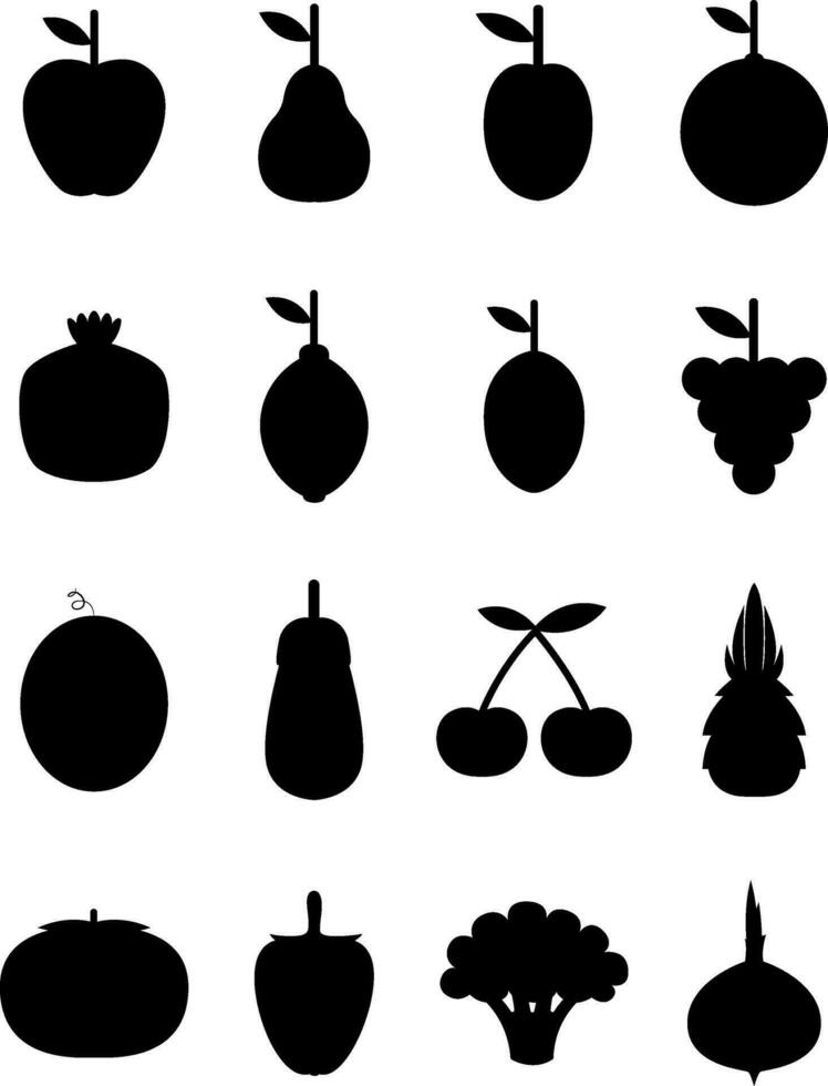 Black fruits and vegetables, illustration, vector on white background.