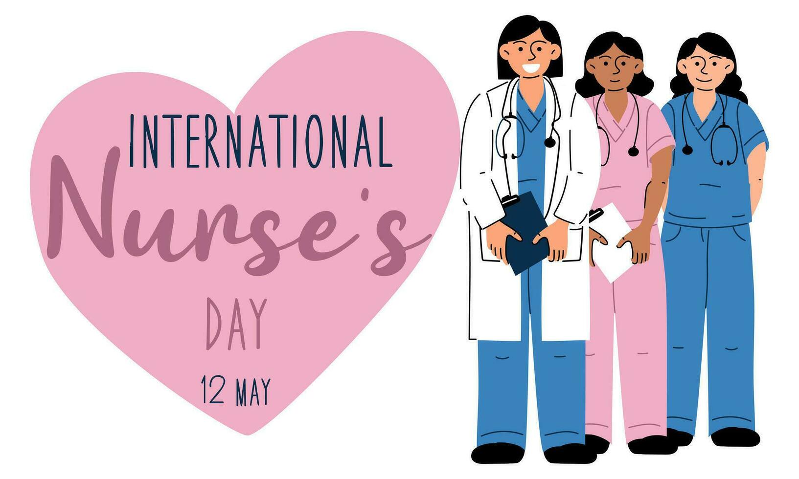 International Nurse's Day. The concept of a happy nurse's day. Medical education. The concept of healthcare medicine. Heart. Diversity, color, equality, female. Vector illustration design. May 12