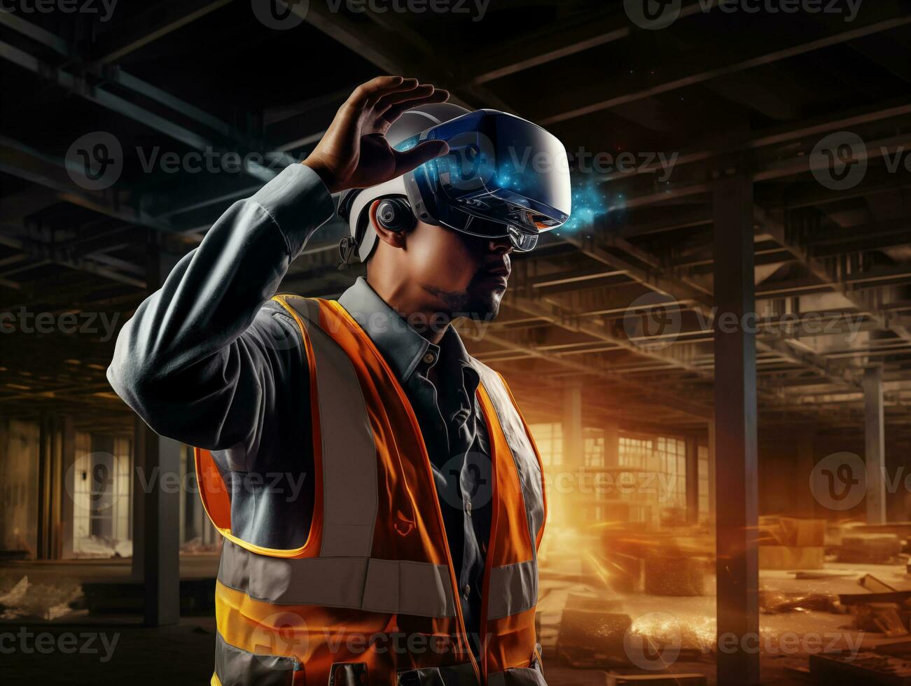AI generated A futuristic architectural engineer, civil engineer wearing an augmented reality headset and overalls on a construction site. Building structures in the background. AI generated. photo