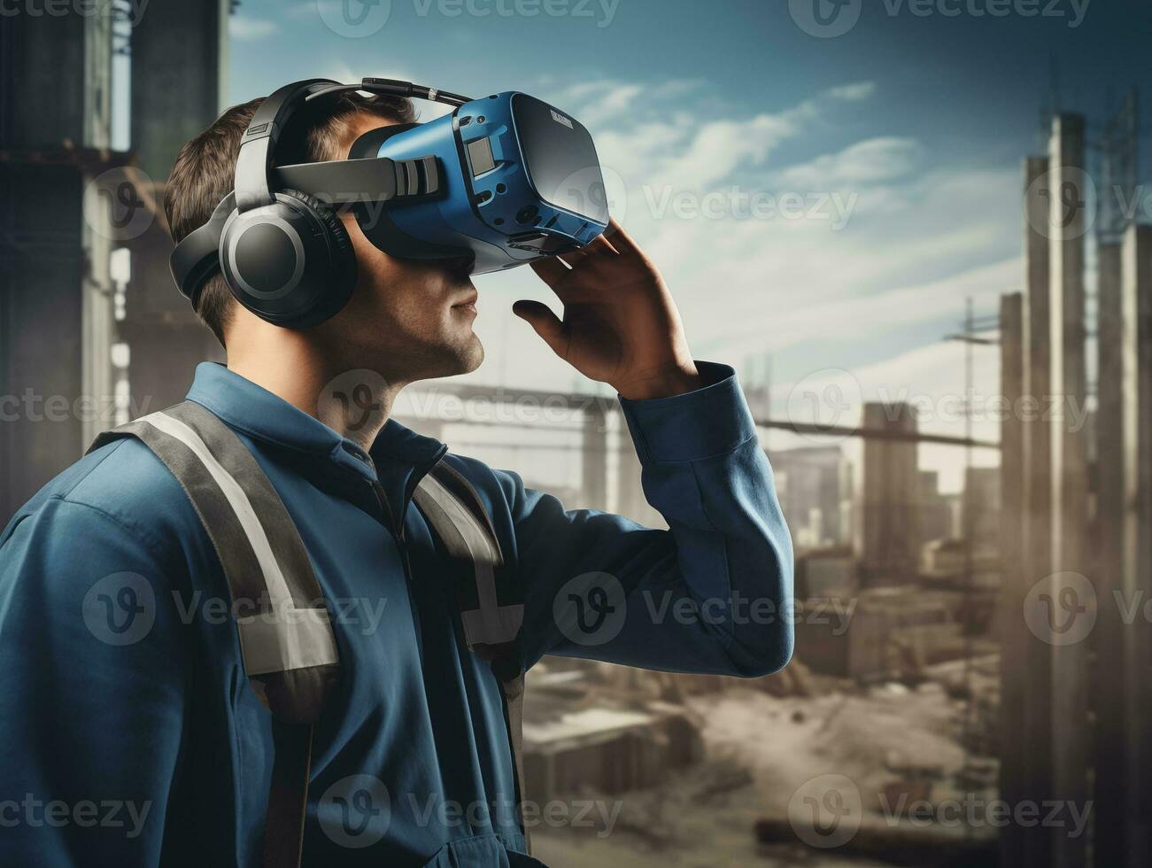 AI generated A futuristic architectural engineer, civil engineer wearing an augmented reality headset and overalls on a construction site. Building structures in the background. AI generated. photo