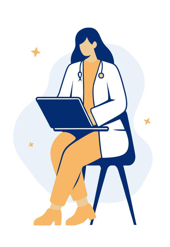 Female doctor sitting with laptop on chair, flat vector illustration.