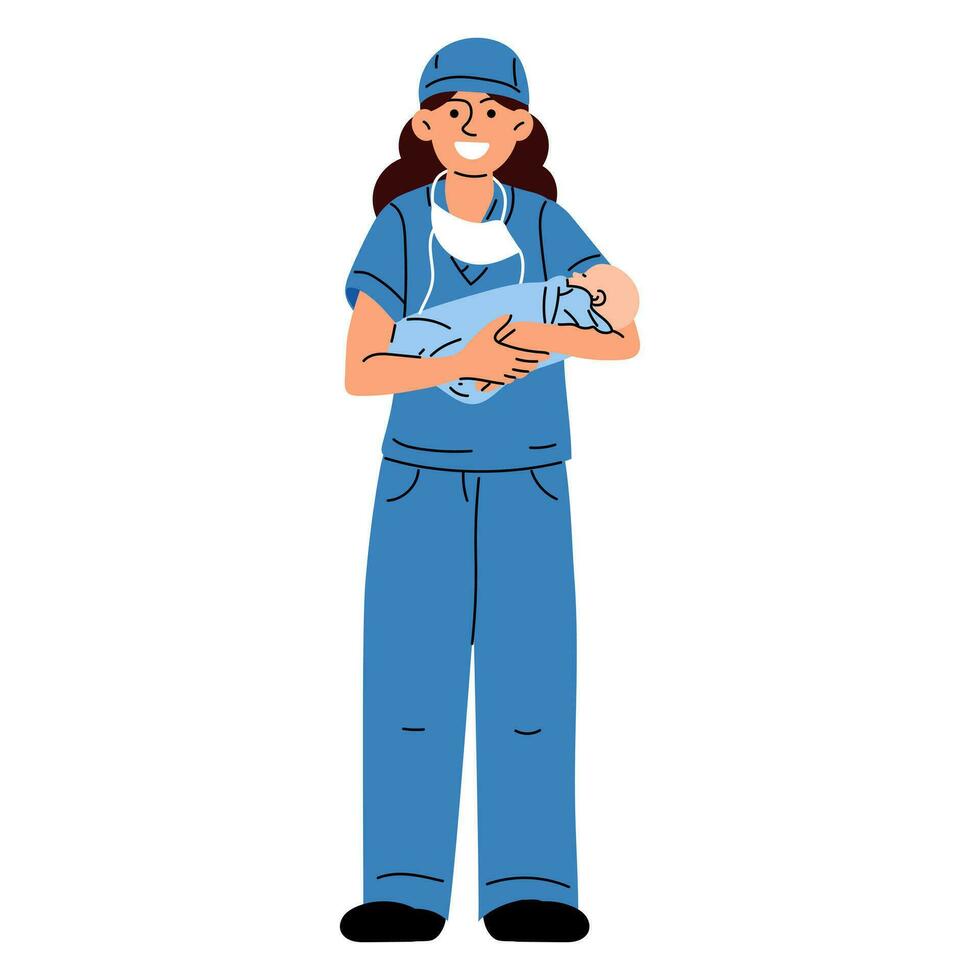 un Partera o un médico con un recién nacido. un mujer enfermero, médico o Partera sonrisas en un azul uniforme, en pie alto, participación un recién nacido chico en su brazos en un maternidad hospital vector ilustración