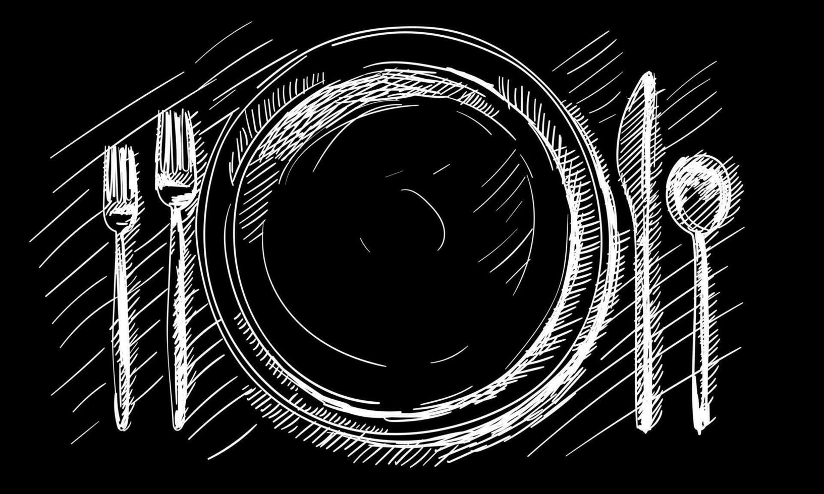 A hand-drawn sketch of the service for the wedding ceremony. Preparation for the wedding ceremony. Plates, knife, spoon, fork. A portion. On a black background vector