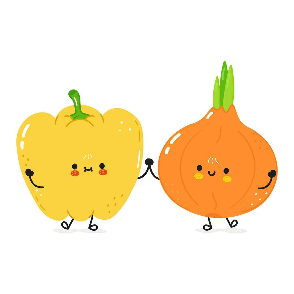 Bell pepper and onion card. Vector hand drawn doodle style cartoon character illustration icon design. Happy Bell pepper and onion friends concept card