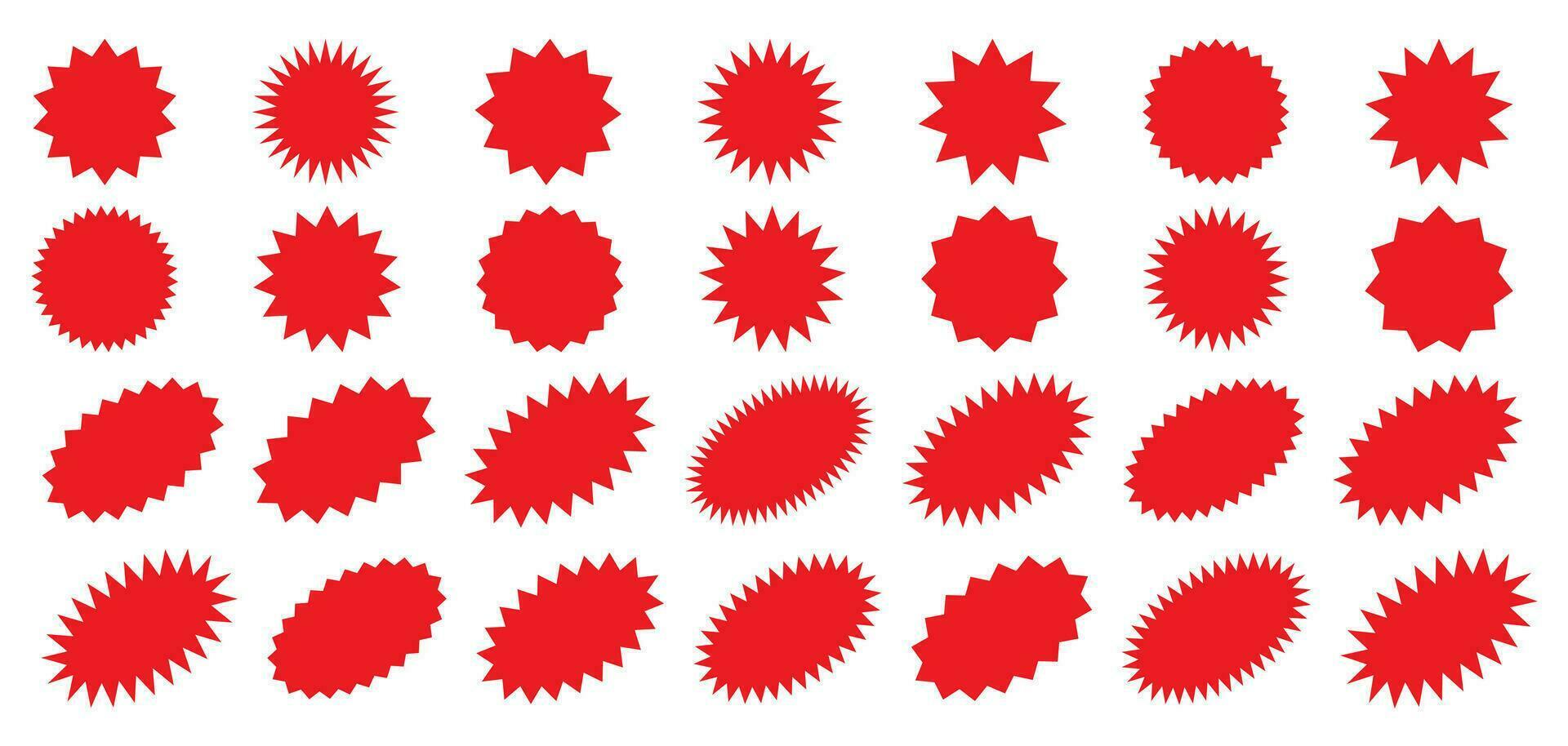 Starburst red sticker set - collection of special offer sale round and oval sunburst labels and buttons isolated on white background. Stickers and badges with star edges for promo advertising. vector