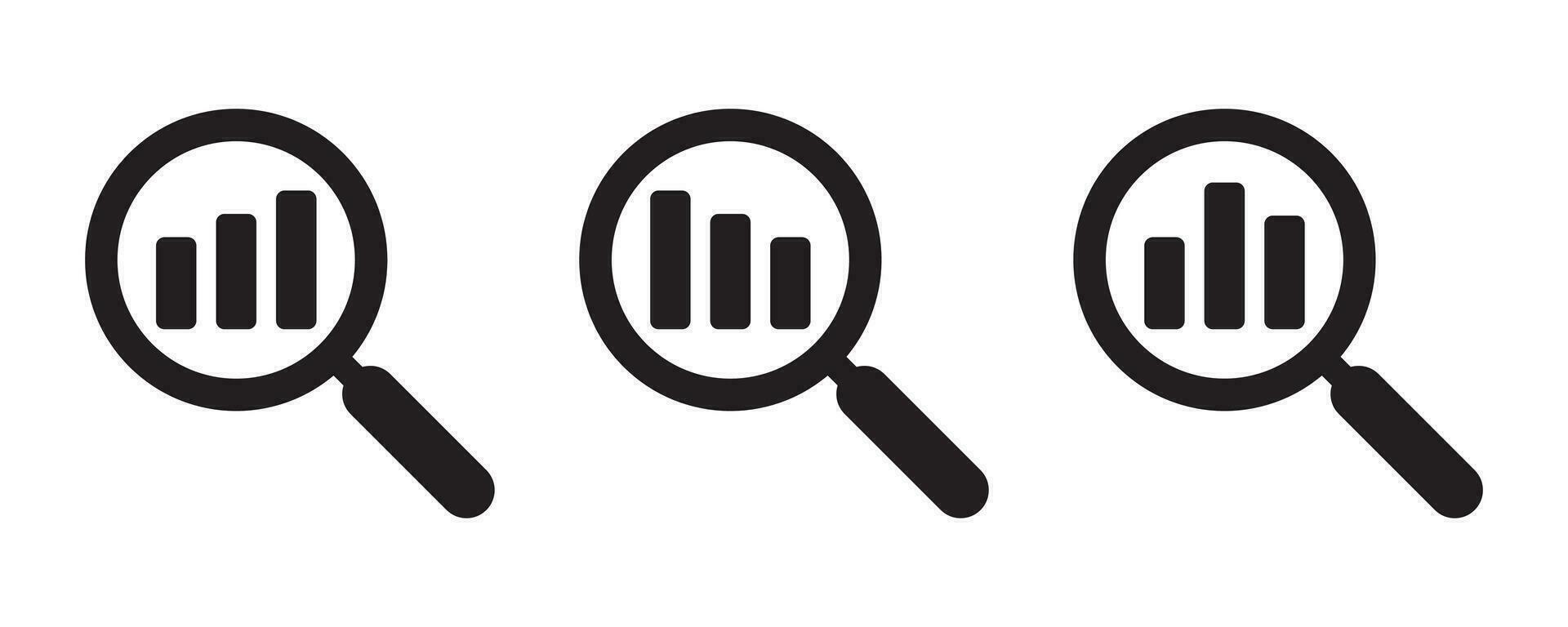 Set of analytic icon. Finance monitoring. Analysis and statistics data sign. Magnifying glass with bar graph. Vector Illustration.