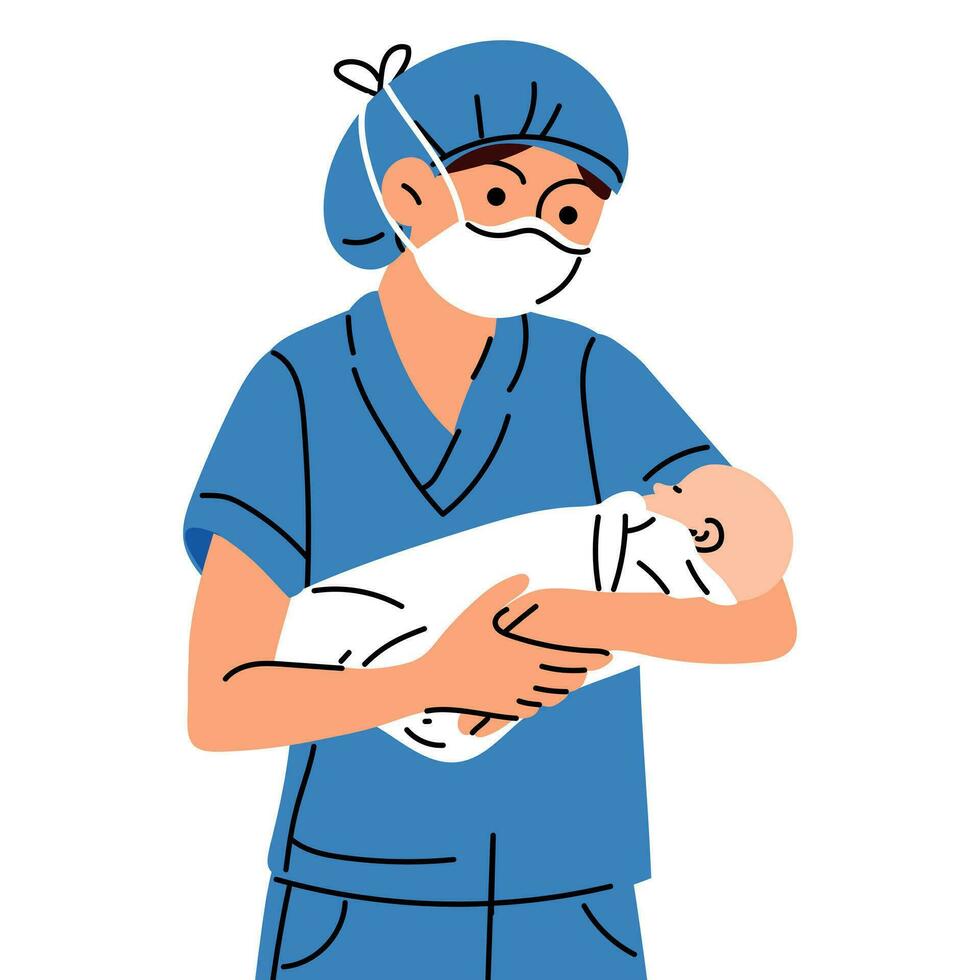 un Partera o un médico con el concepto de un recién nacido. un mujer enfermero, médico o Partera en un médico mascarilla, en pie participación un recién nacido bebé en su brazos en un maternidad hospital vector ilustración