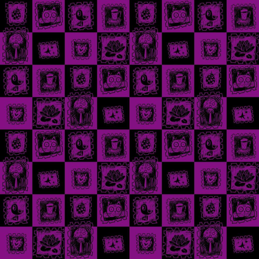 Seamless pattern with doodle-style Halloween elements. Geometric poster with elements of autumn. Pumpkin, cup, teapot, stars, leaves, lily, cat in geometric shapes. Repeating purple, black ornament vector