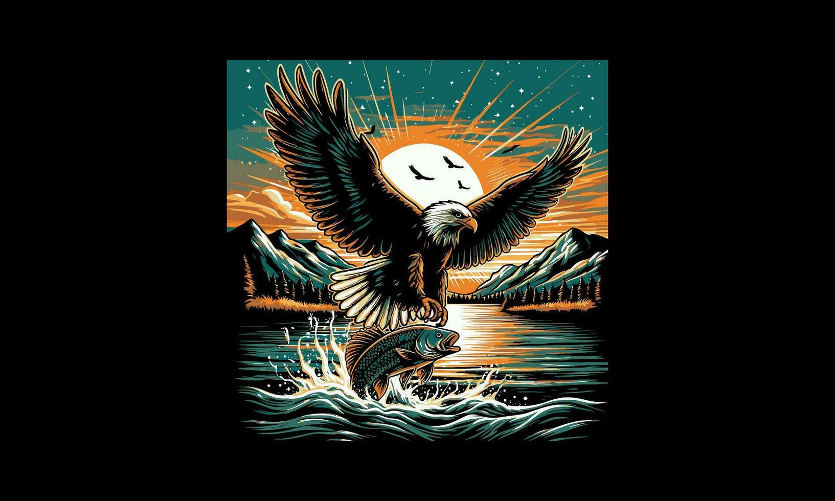 volador águila en mar y pescado vector ilustración obra de arte diseño